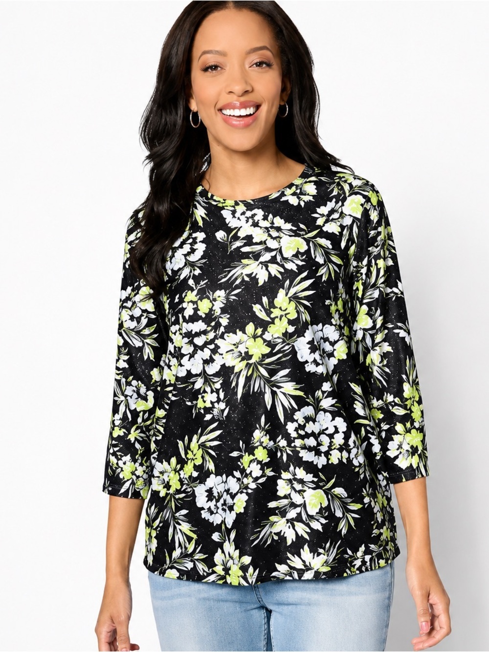 LOGO Layers Lori Goldstein Eyelet Floral Top XL Black Lime Green 3/4 Sleeve NWT